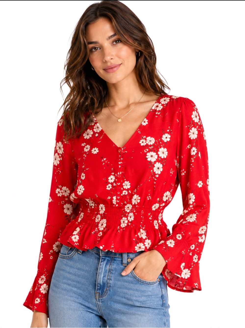 H&M Divided Red Floral Smocked Peplum V Neck Long Sleeve Top XS